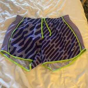 Nike Purple Shorts with Neon Green Trim - Women's Athletic